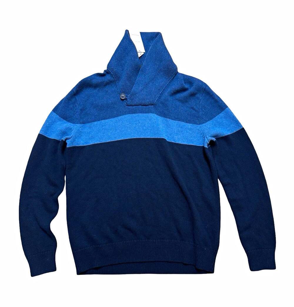 Banana Republic Knit Sweater Men’s M Blue Colorblock Mock Neck Button Pullover